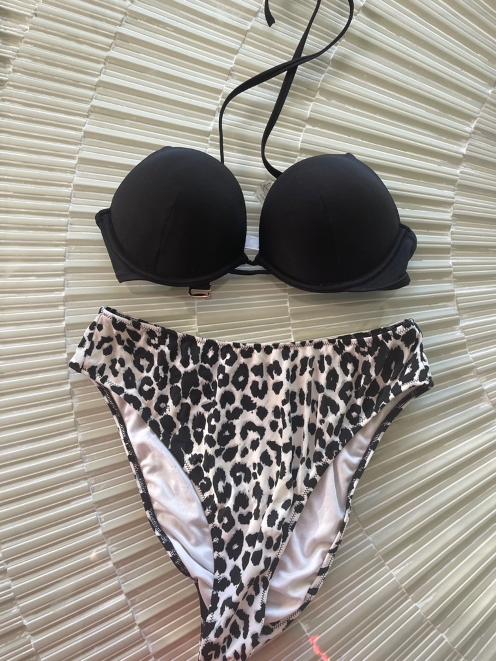 Black Push-Up Bikini Top with Black and White Leopard Bikini Bottom
